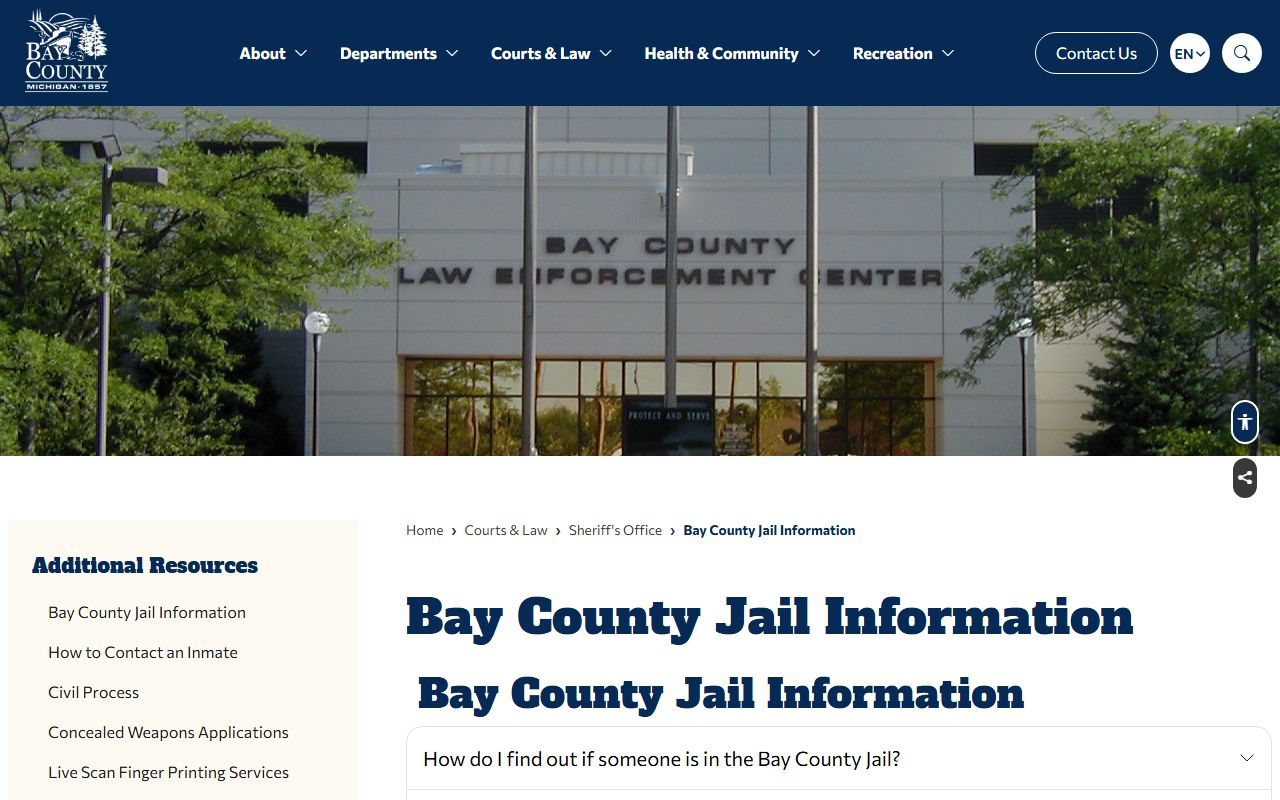 Bay County jail information page for inmate custody search and jail records