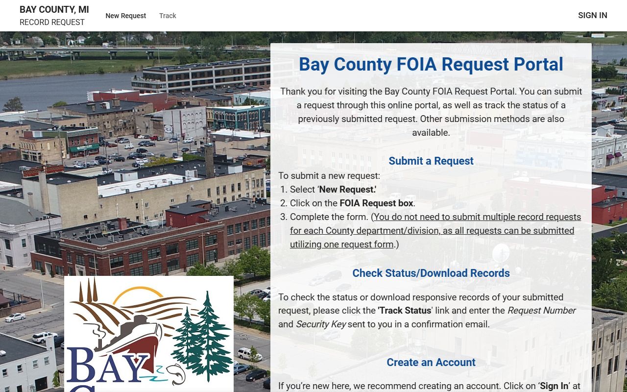 Bay County JustFOIA portal for inmate and jail records requests