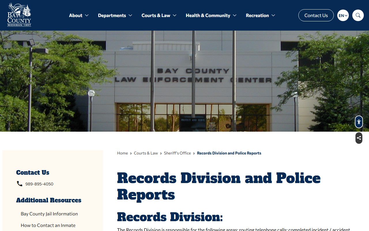 Bay County Records Division page for jail inmate records requests